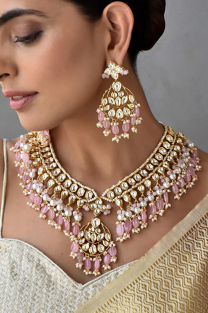 Gold Finish Kundan Polki Necklace Set by Swabhimann Jewellery at Pernia's Pop Up Shop