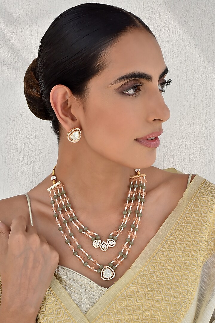 Gold Finish Multi-Colored Kundan Polki Layered Necklace Set by Swabhimann Jewellery at Pernia's Pop Up Shop
