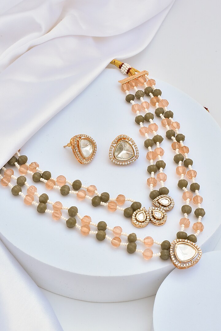 Gold Finish Multi-Colored Kundan Polki Layered Necklace Set by Swabhimann Jewellery at Pernia's Pop Up Shop
