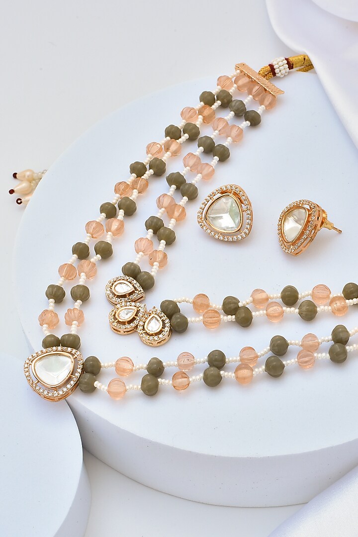 Gold Finish Multi-Colored Kundan Polki Layered Necklace Set by Swabhimann Jewellery at Pernia's Pop Up Shop