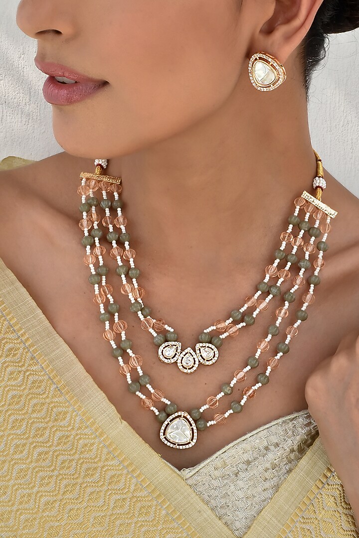 Gold Finish Multi-Colored Kundan Polki Layered Necklace Set by Swabhimann Jewellery at Pernia's Pop Up Shop