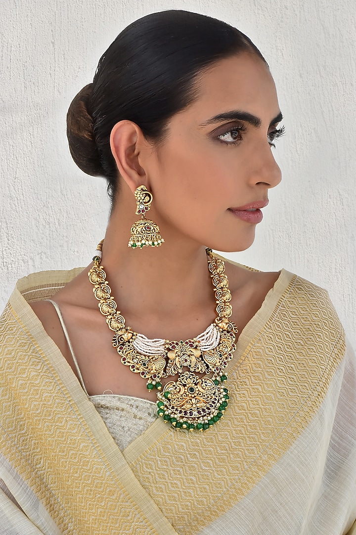 Gold Finish Pearl Temple Necklace Set by Swabhimann Jewellery at Pernia's Pop Up Shop