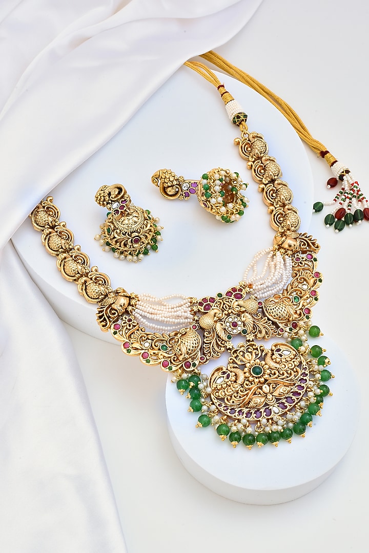 Gold Finish Pearl Temple Necklace Set by Swabhimann Jewellery at Pernia's Pop Up Shop