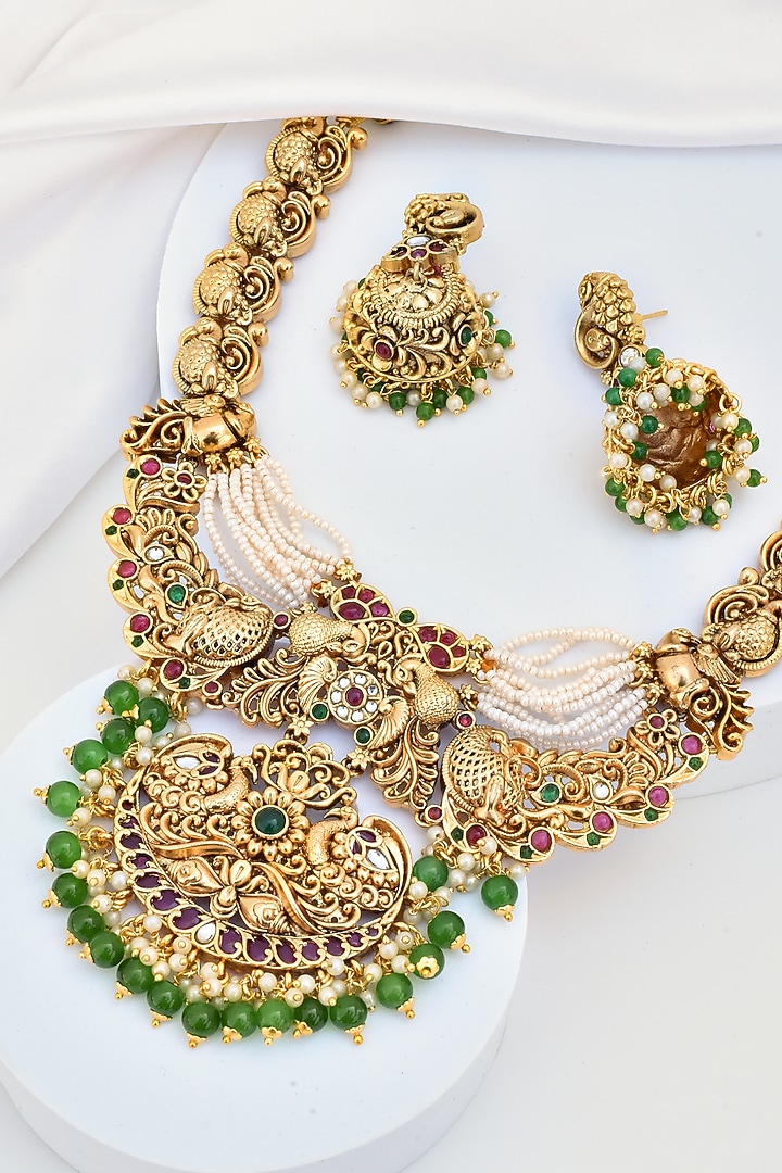 Gold Finish Pearl Temple Necklace Set by Swabhimann Jewellery at Pernia's Pop Up Shop