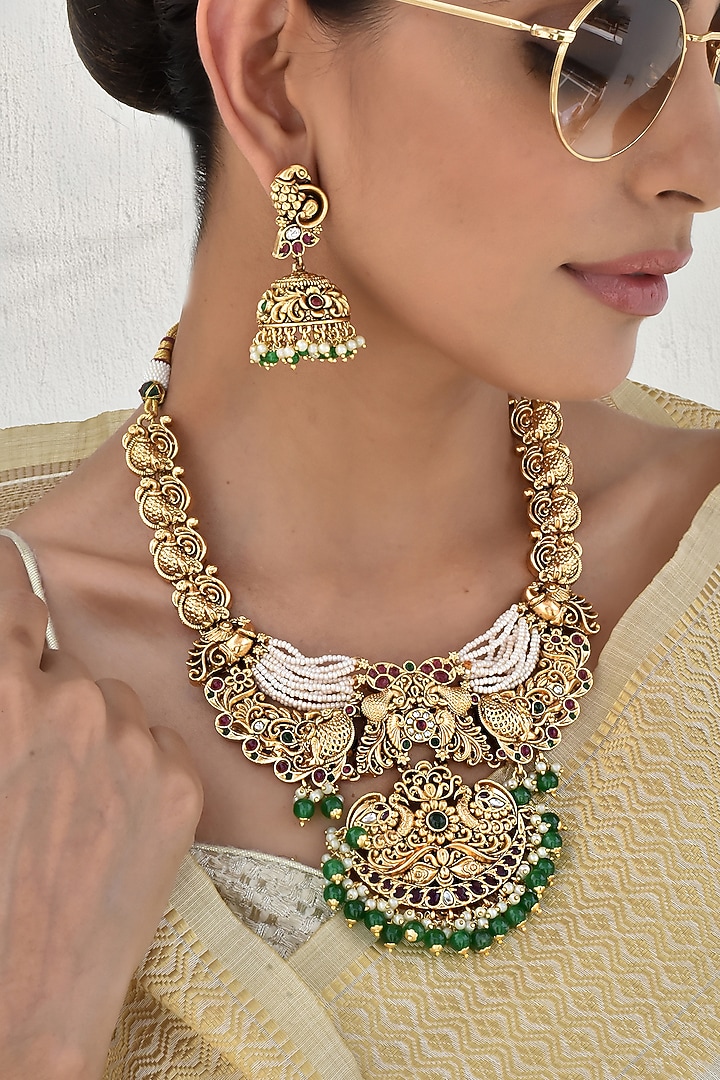 Gold Finish Pearl Temple Necklace Set by Swabhimann Jewellery at Pernia's Pop Up Shop