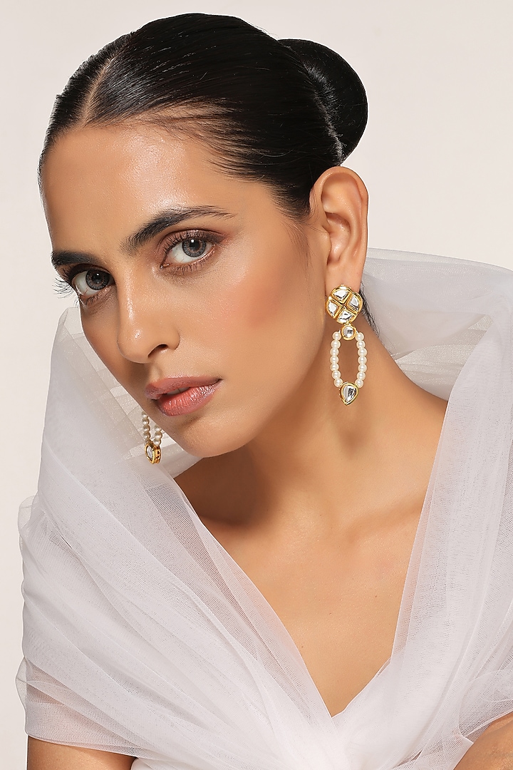 Gold Finish Kundan & Pearl Handcrafted Dangler Earrings by Swabhimann Jewellery at Pernia's Pop Up Shop