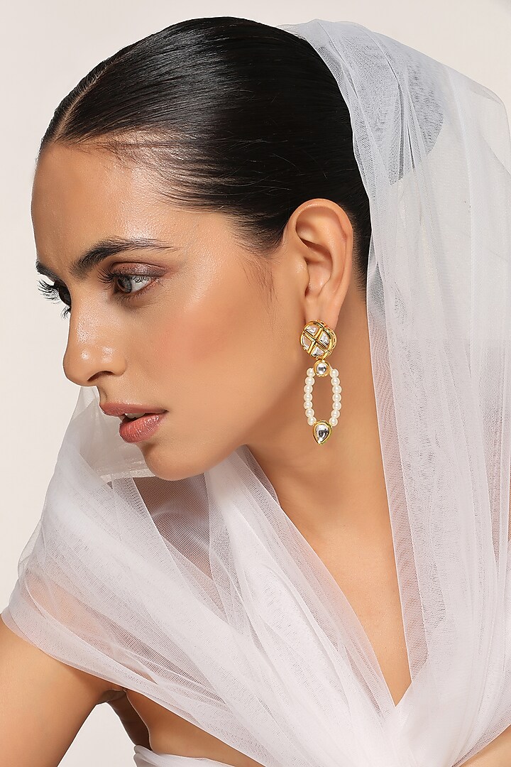 Gold Finish Kundan & Pearl Handcrafted Dangler Earrings by Swabhimann Jewellery at Pernia's Pop Up Shop