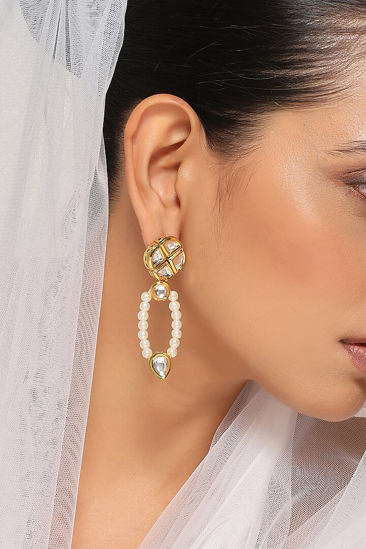 Gold Finish Kundan & Pearl Handcrafted Dangler Earrings by Swabhimann Jewellery at Pernia's Pop Up Shop
