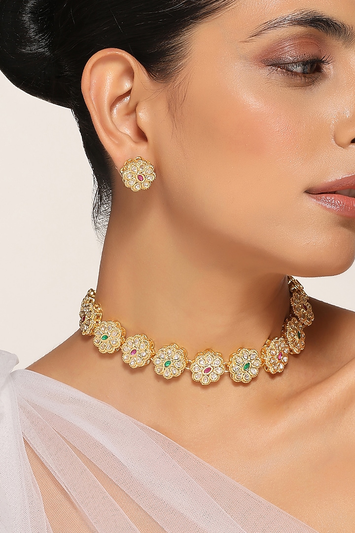 Gold Finish Choker Necklace Set by Swabhimann Jewellery at Pernia's Pop Up Shop