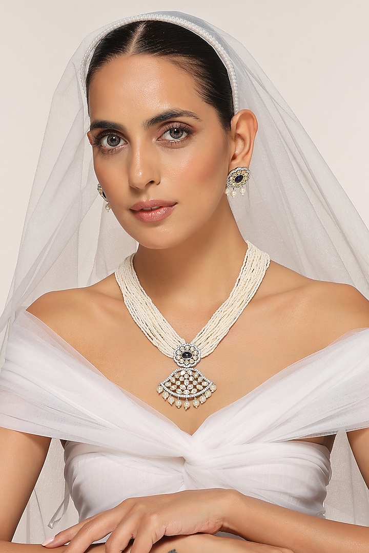 White Finish Kundan Polki & Pearl Necklace Set by Swabhimann Jewellery at Pernia's Pop Up Shop