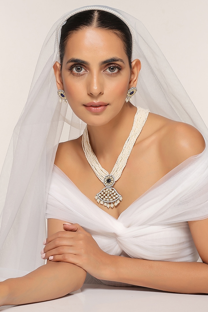 White Finish Kundan Polki & Pearl Necklace Set by Swabhimann Jewellery at Pernia's Pop Up Shop