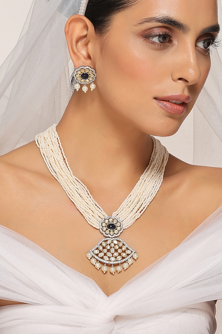 White Finish Kundan Polki & Pearl Necklace Set by Swabhimann Jewellery at Pernia's Pop Up Shop