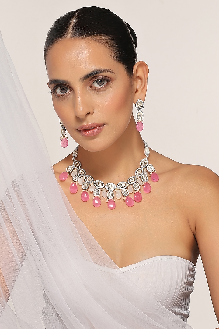 White Finish Zirconia & Pink Stone Necklace Set by Swabhimann Jewellery at Pernia's Pop Up Shop