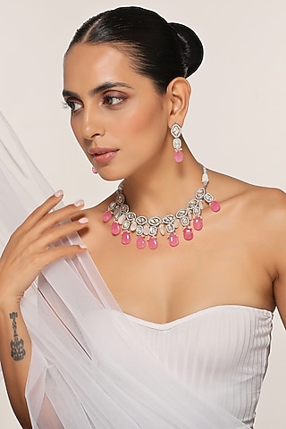 White Finish Zirconia & Pink Stone Necklace Set by Swabhimann Jewellery