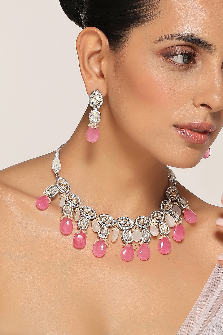White Finish Zirconia & Pink Stone Necklace Set by Swabhimann Jewellery at Pernia's Pop Up Shop