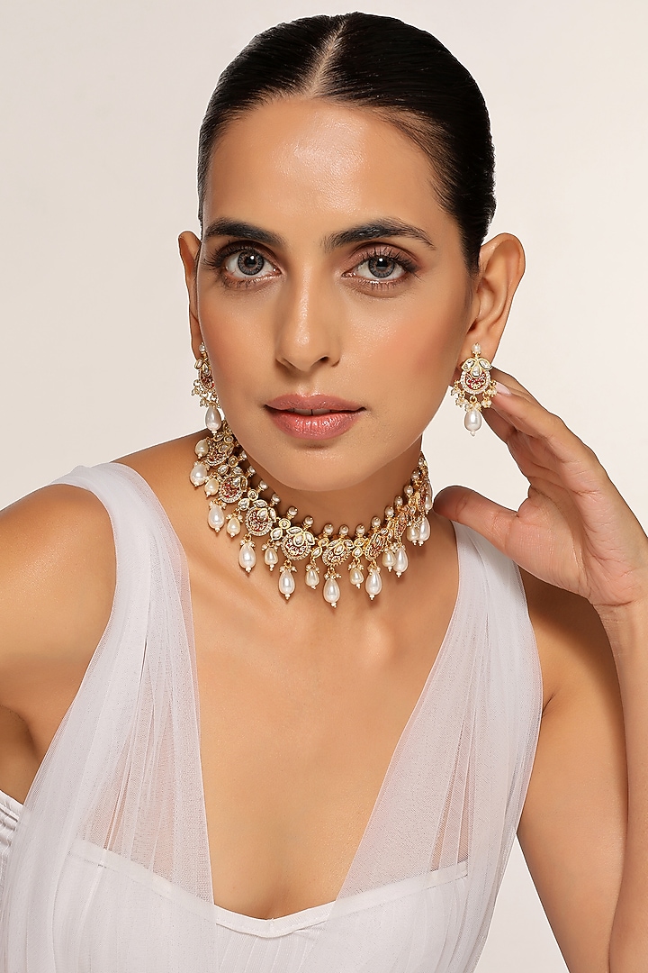 Gold Finish Kundan Polki Choker Necklace Set by Swabhimann Jewellery at Pernia's Pop Up Shop
