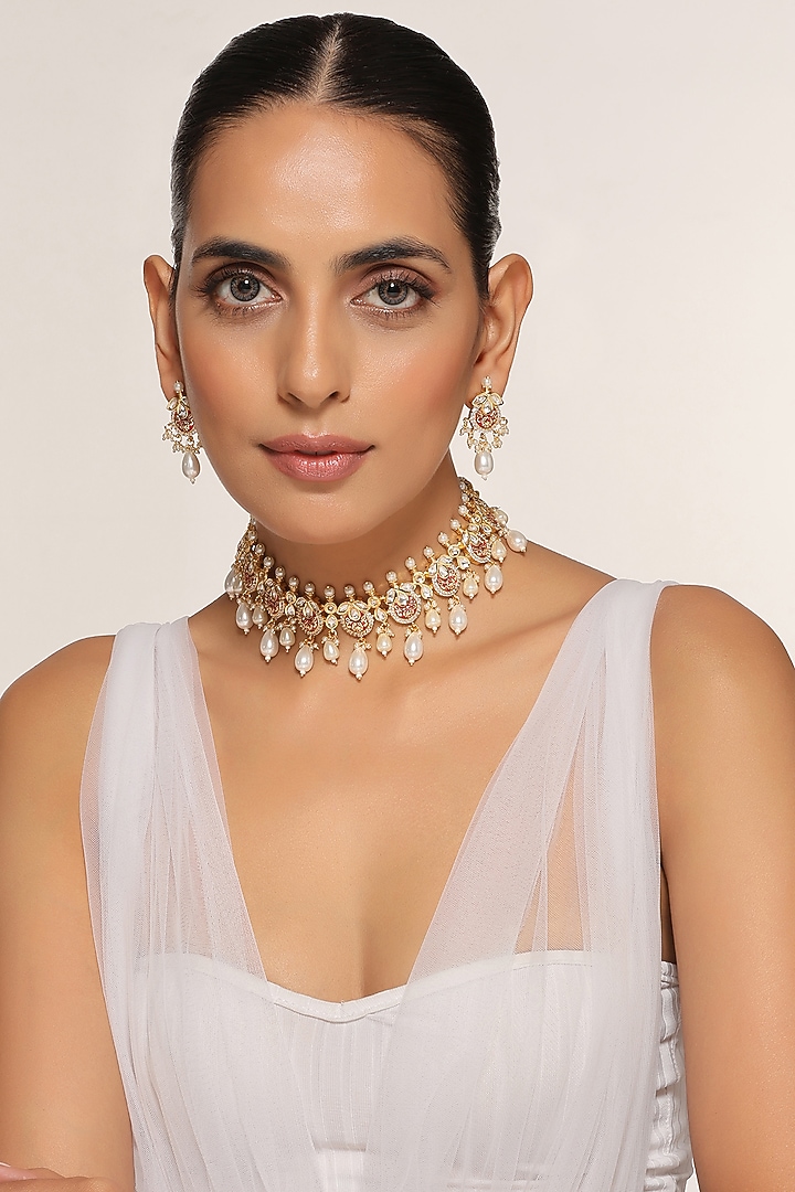 Gold Finish Kundan Polki Choker Necklace Set by Swabhimann Jewellery at Pernia's Pop Up Shop