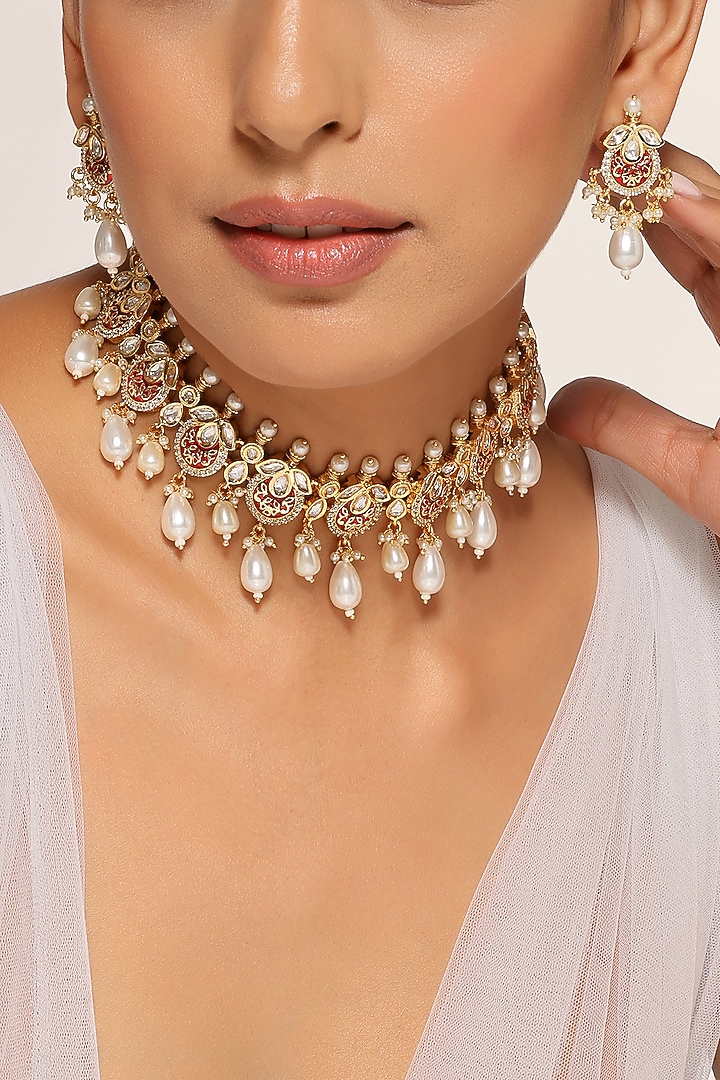 Gold Finish Kundan Polki Choker Necklace Set by Swabhimann Jewellery at Pernia's Pop Up Shop