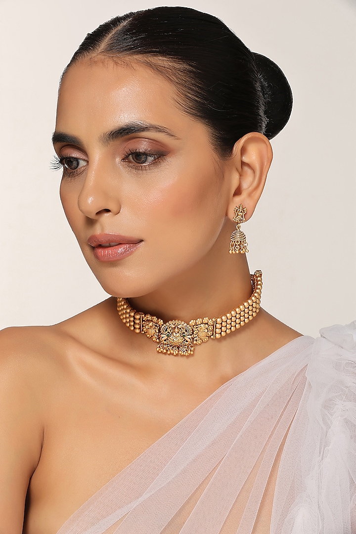 Gold Finish Temple Choker Necklace Set by Swabhimann Jewellery
