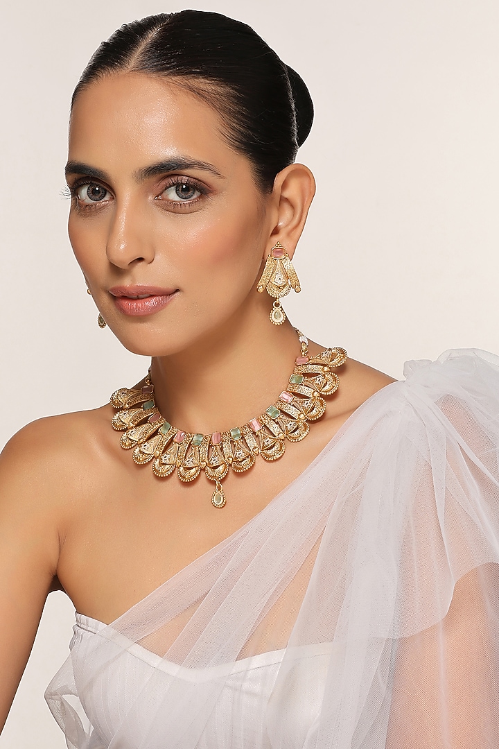 Gold Finish Temple Necklace Set by Swabhimann Jewellery at Pernia's Pop Up Shop