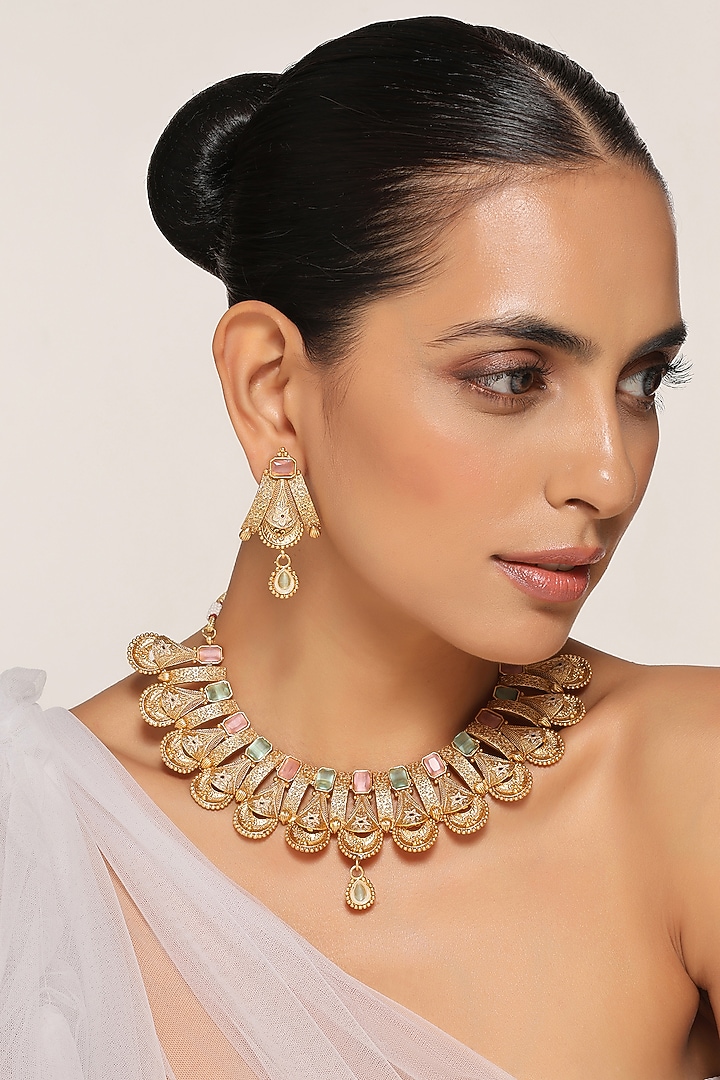 Gold Finish Temple Necklace Set by Swabhimann Jewellery at Pernia's Pop Up Shop