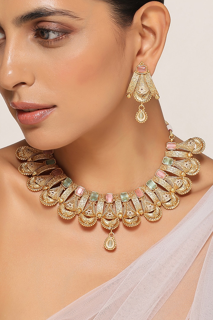 Gold Finish Temple Necklace Set by Swabhimann Jewellery at Pernia's Pop Up Shop