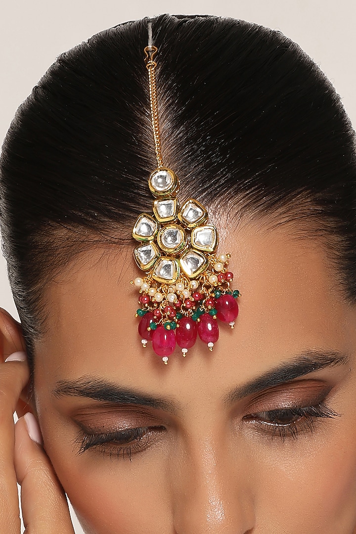 Gold Finish Kundan Polki Maang Tikka by Swabhimann Jewellery at Pernia's Pop Up Shop