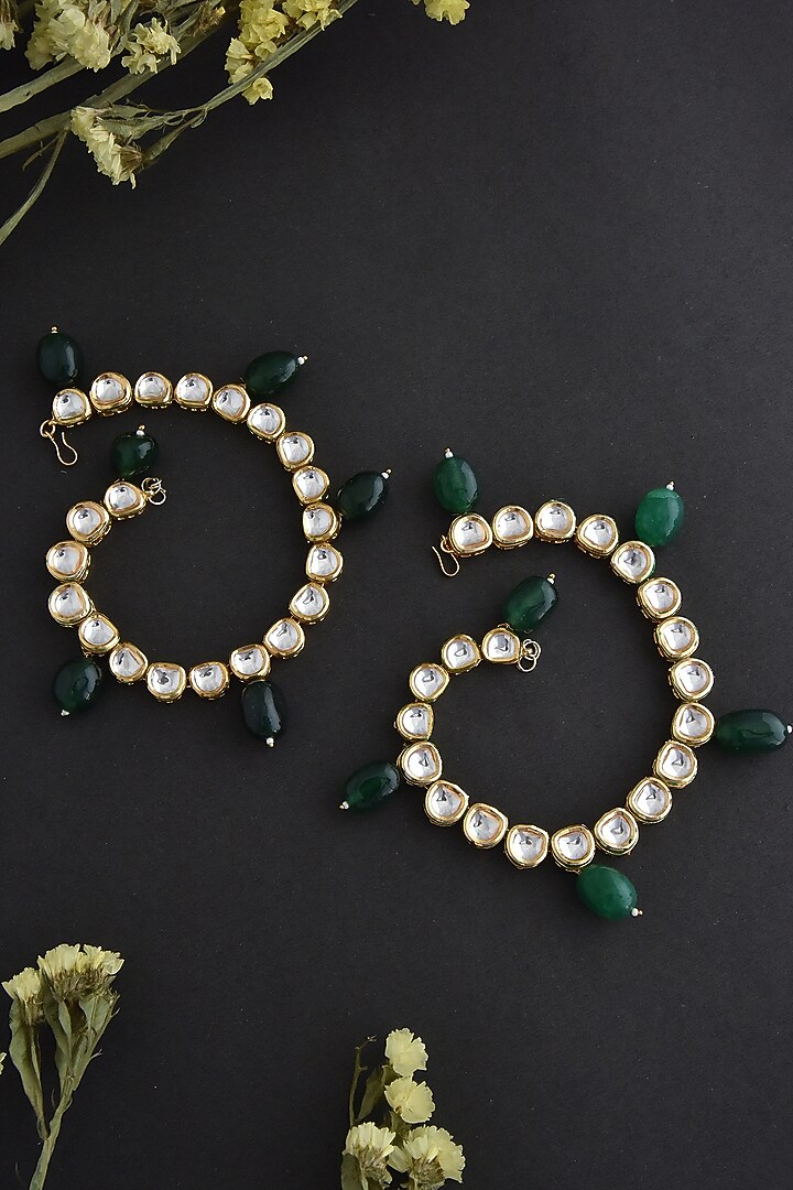 Gold Finish Green Kundan Polki Handcrafted Anklets by Swabhimann Jewellery at Pernia's Pop Up Shop