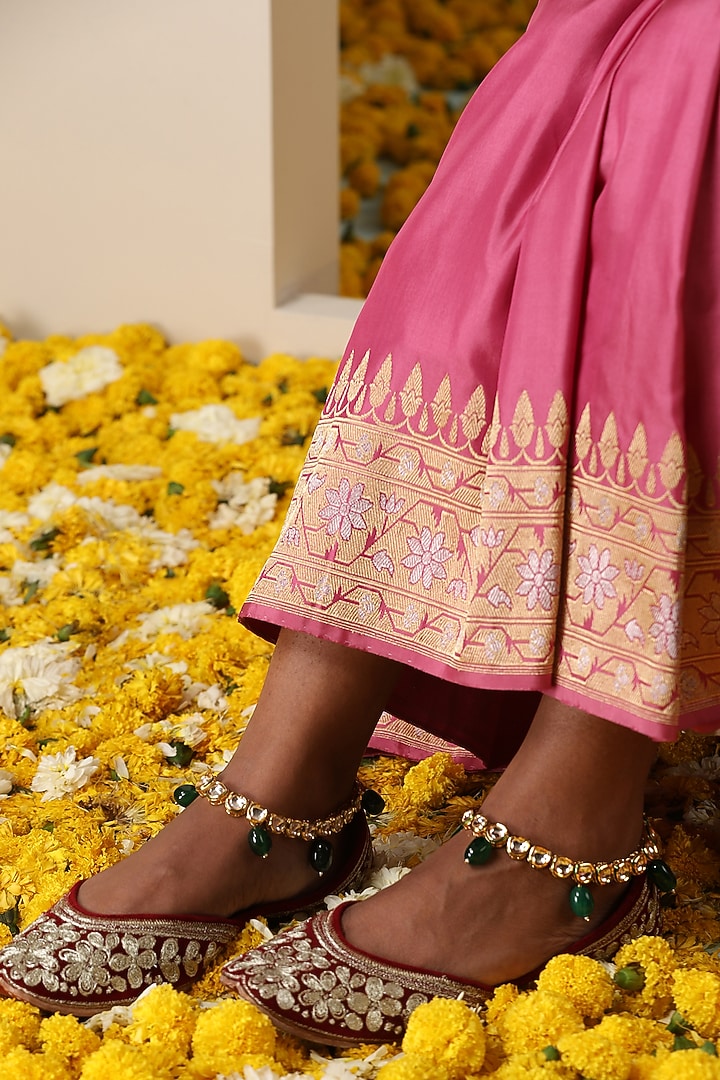 Gold Finish Green Kundan Polki Handcrafted Anklets by Swabhimann Jewellery at Pernia's Pop Up Shop