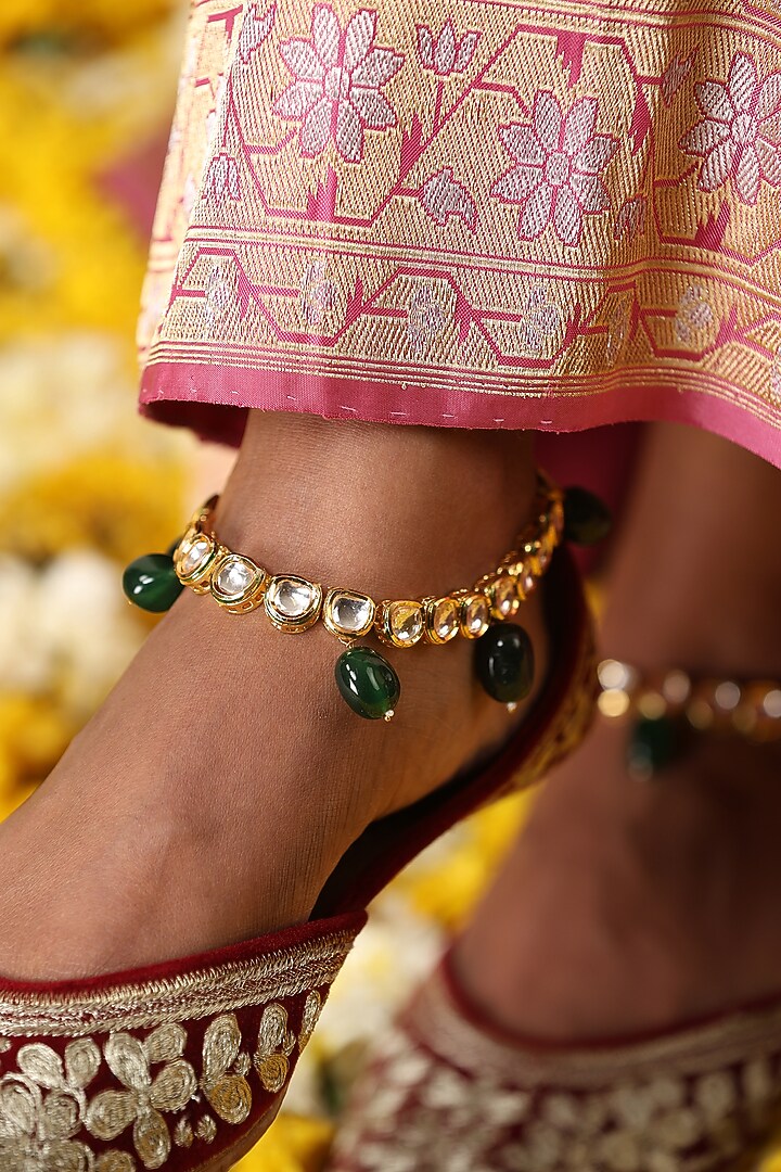 Gold Finish Green Kundan Polki Handcrafted Anklets by Swabhimann Jewellery at Pernia's Pop Up Shop