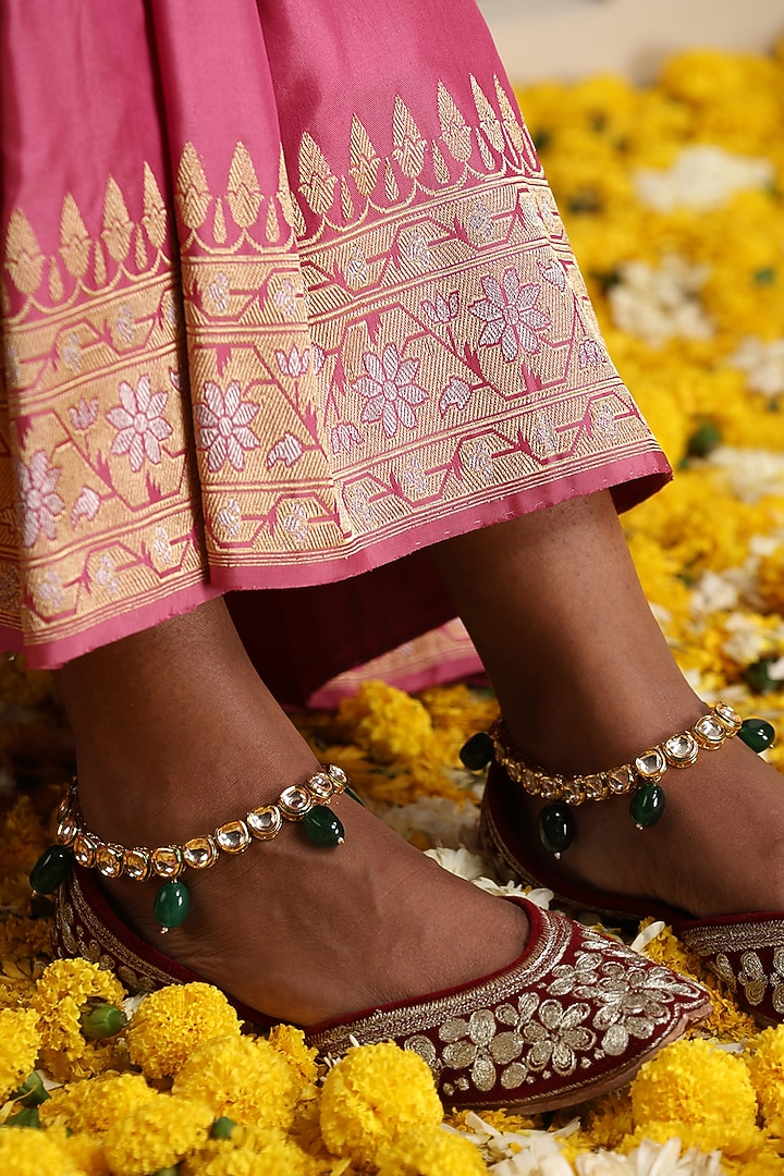 Gold Finish Green Kundan Polki Handcrafted Anklets by Swabhimann Jewellery at Pernia's Pop Up Shop