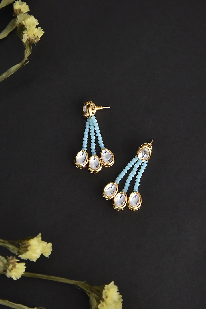 Gold Finish Blue Kundan Polki Handcrafted Dangler Earrings by Swabhimann Jewellery at Pernia's Pop Up Shop