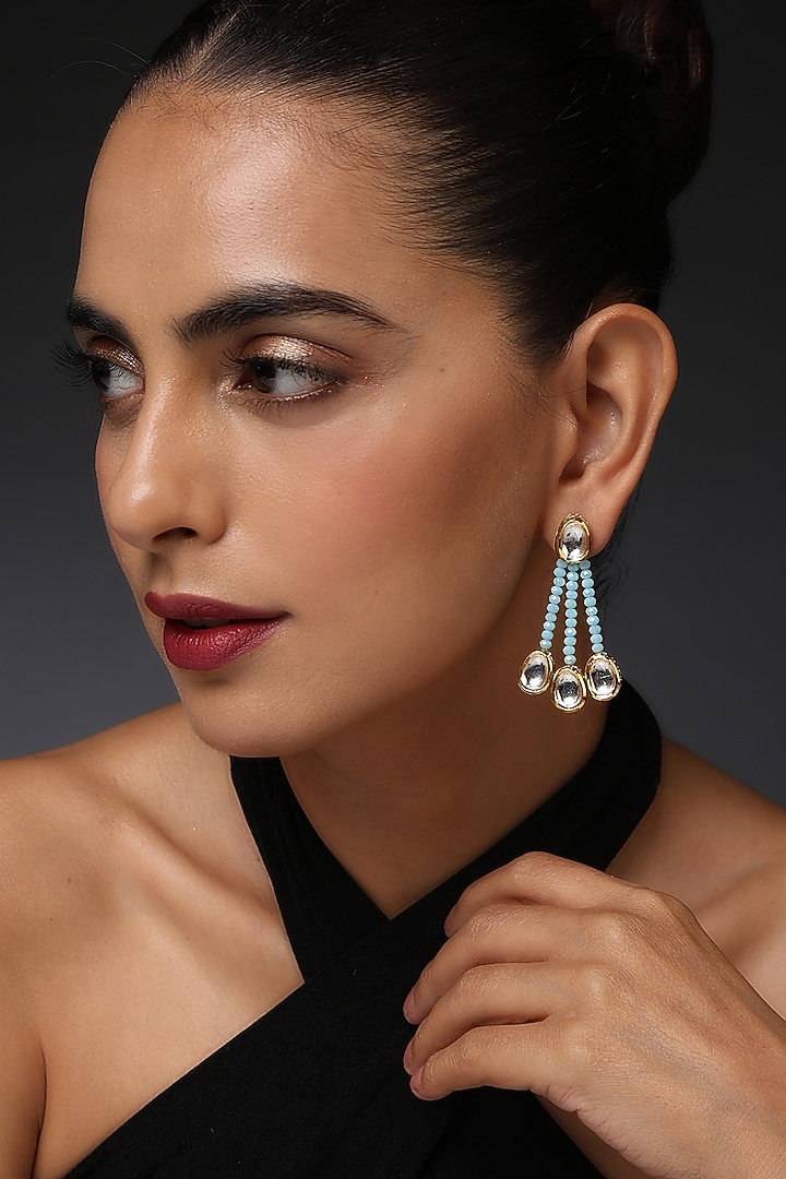 Gold Finish Blue Kundan Polki Handcrafted Dangler Earrings by Swabhimann Jewellery at Pernia's Pop Up Shop