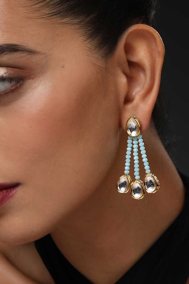 Gold Finish Blue Kundan Polki Handcrafted Dangler Earrings by Swabhimann Jewellery at Pernia's Pop Up Shop