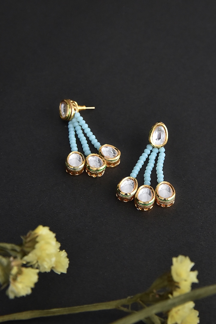 Gold Finish Blue Kundan Polki Handcrafted Dangler Earrings by Swabhimann Jewellery at Pernia's Pop Up Shop