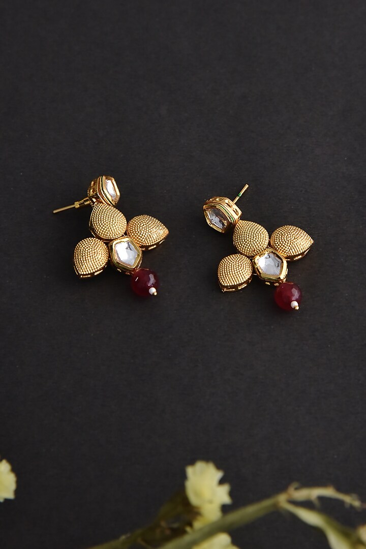 Gold Finish Red Kundan Polki Handcrafted Dangler Earrings by Swabhimann Jewellery at Pernia's Pop Up Shop