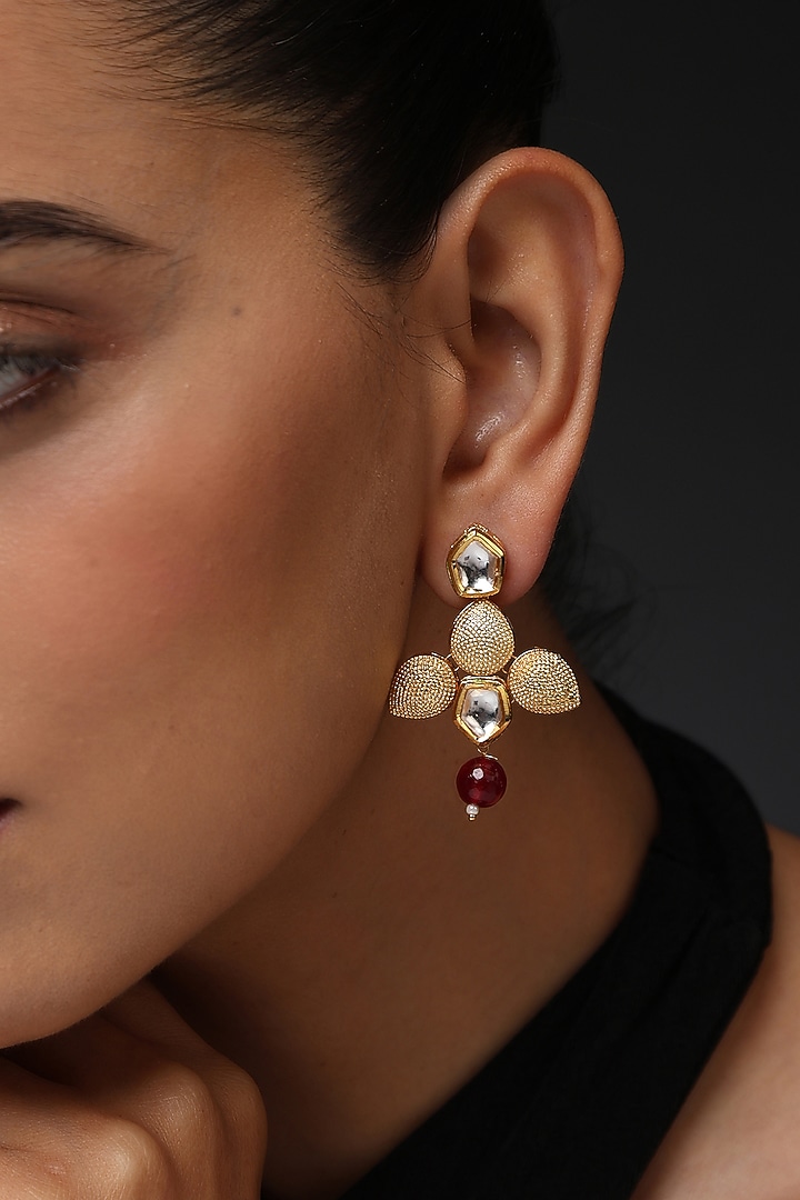 Gold Finish Red Kundan Polki Handcrafted Dangler Earrings by Swabhimann Jewellery at Pernia's Pop Up Shop