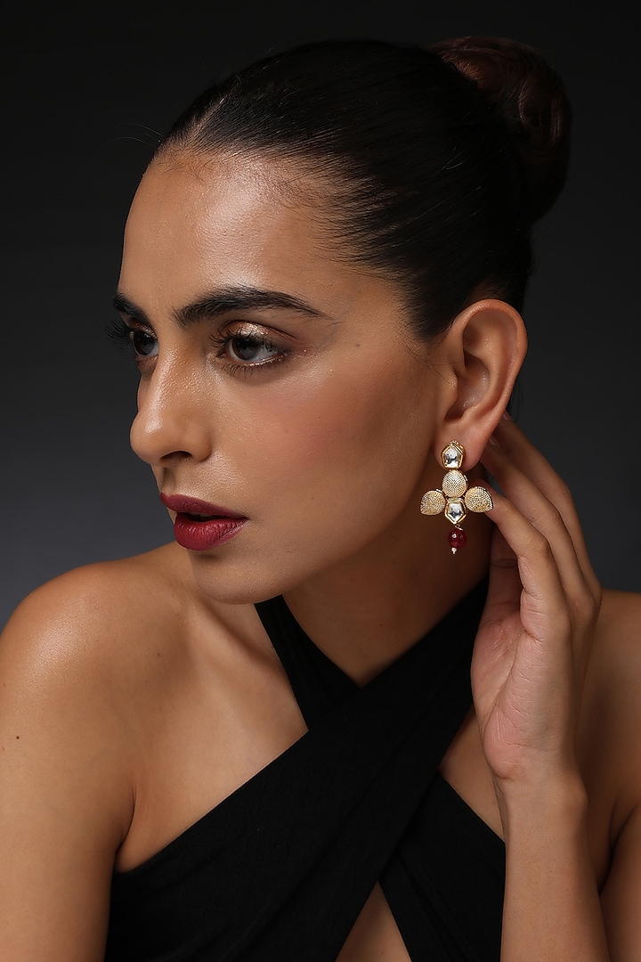 Gold Finish Red Kundan Polki Handcrafted Dangler Earrings by Swabhimann Jewellery at Pernia's Pop Up Shop