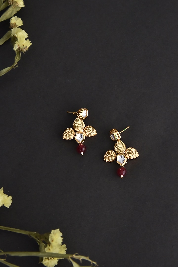 Gold Finish Red Kundan Polki Handcrafted Dangler Earrings by Swabhimann Jewellery at Pernia's Pop Up Shop
