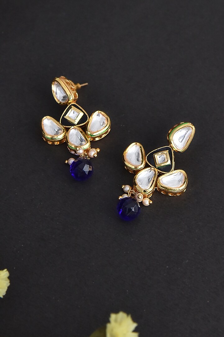 Gold Finish Blue Kundan Polki Handcrafted Dangler Earrings by Swabhimann Jewellery at Pernia's Pop Up Shop