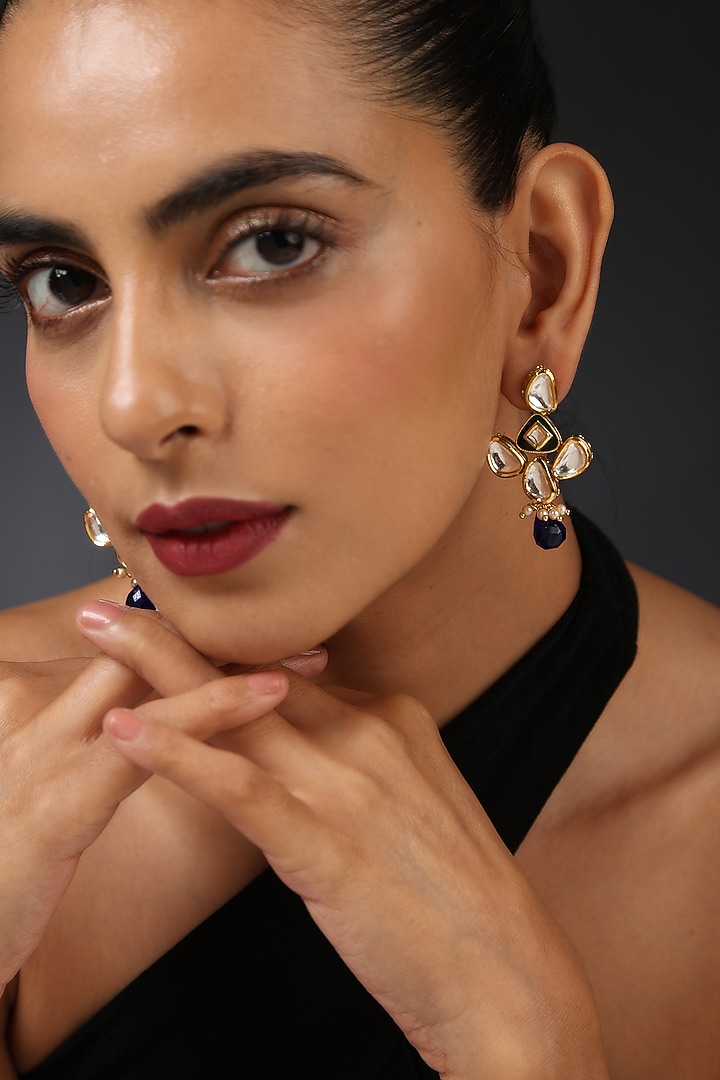 Gold Finish Blue Kundan Polki Handcrafted Dangler Earrings by Swabhimann Jewellery at Pernia's Pop Up Shop