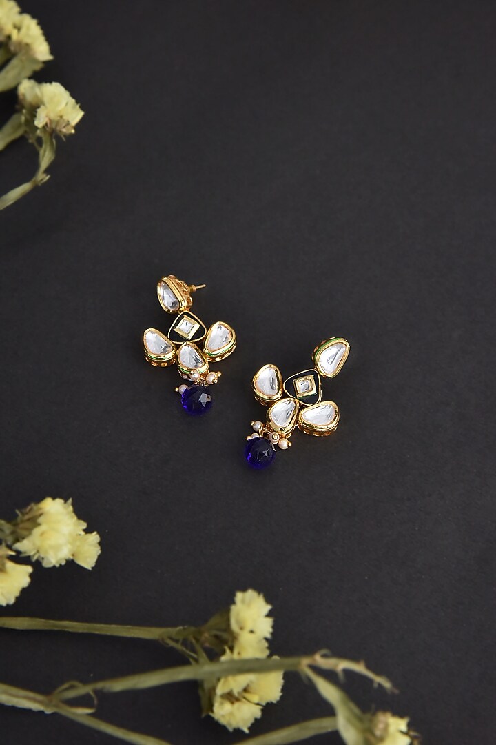 Gold Finish Blue Kundan Polki Handcrafted Dangler Earrings by Swabhimann Jewellery at Pernia's Pop Up Shop