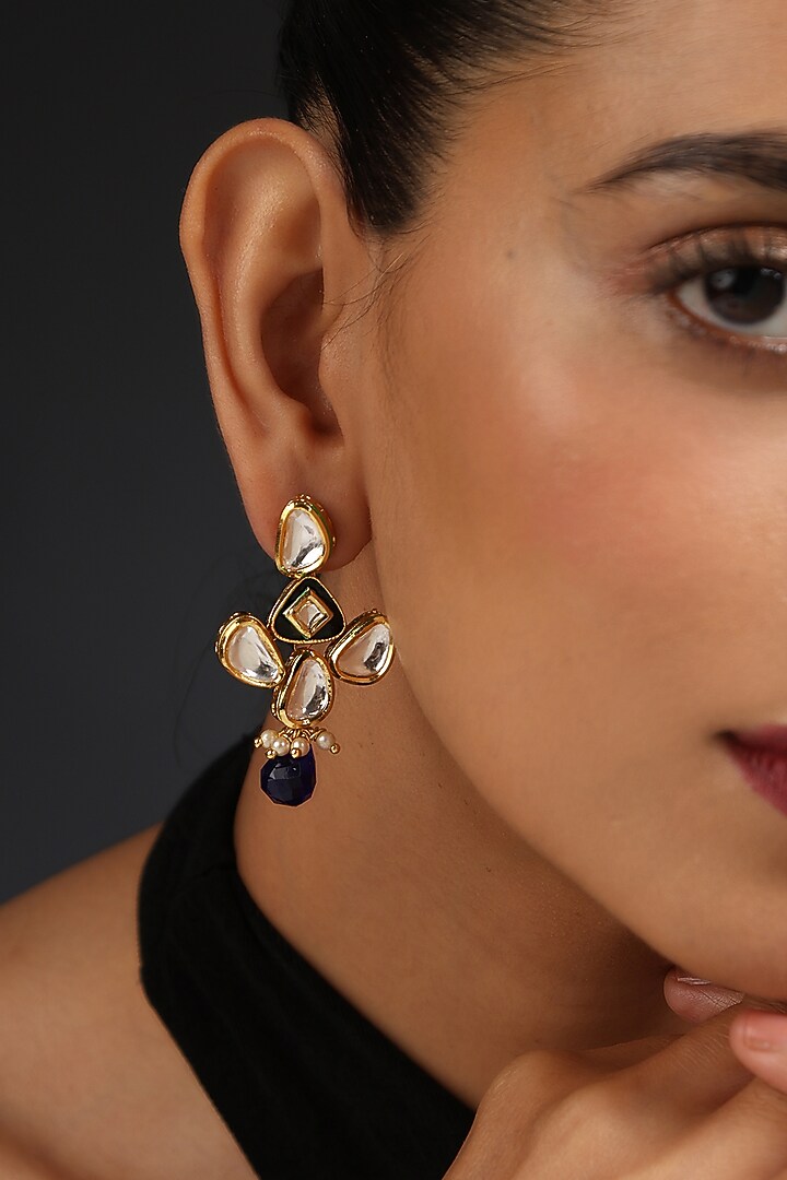 Gold Finish Blue Kundan Polki Handcrafted Dangler Earrings by Swabhimann Jewellery at Pernia's Pop Up Shop