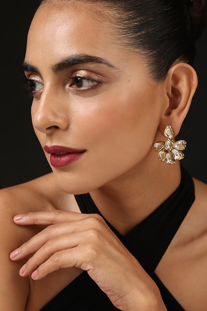 Gold Finish Kundan Polki Handcrafted Dangler Earrings by Swabhimann Jewellery at Pernia's Pop Up Shop
