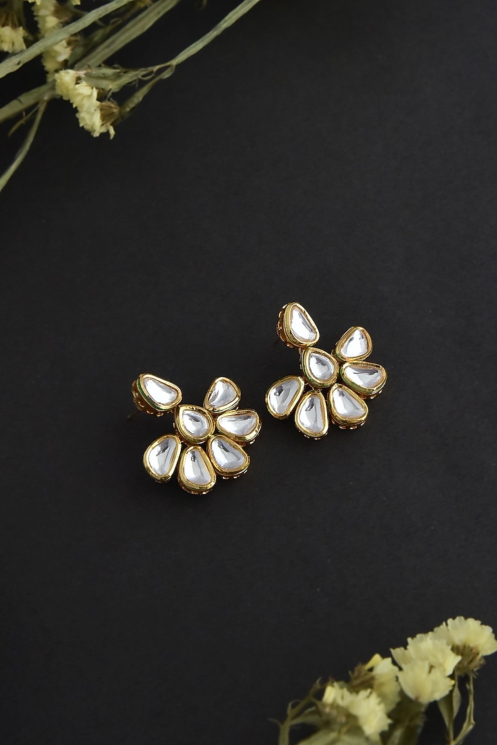 Gold Finish Kundan Polki Handcrafted Dangler Earrings by Swabhimann Jewellery at Pernia's Pop Up Shop