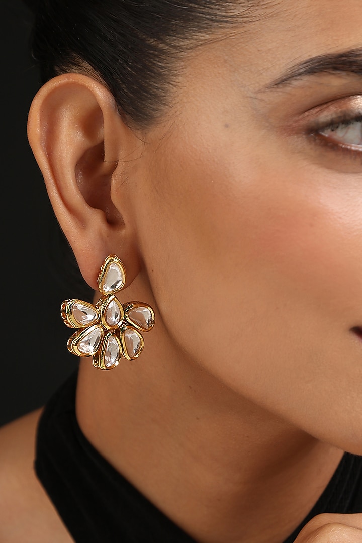 Gold Finish Kundan Polki Handcrafted Dangler Earrings by Swabhimann Jewellery at Pernia's Pop Up Shop
