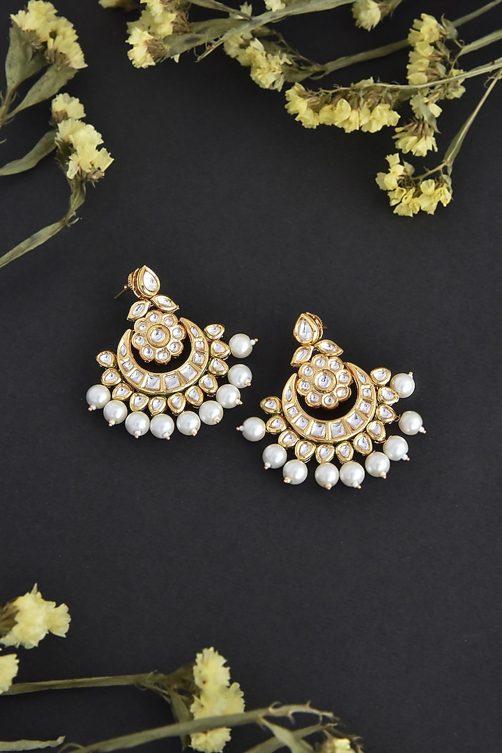 Gold Finish Kundan Polki & Pearl Handcrafted Chandbali Earrings by Swabhimann Jewellery at Pernia's Pop Up Shop