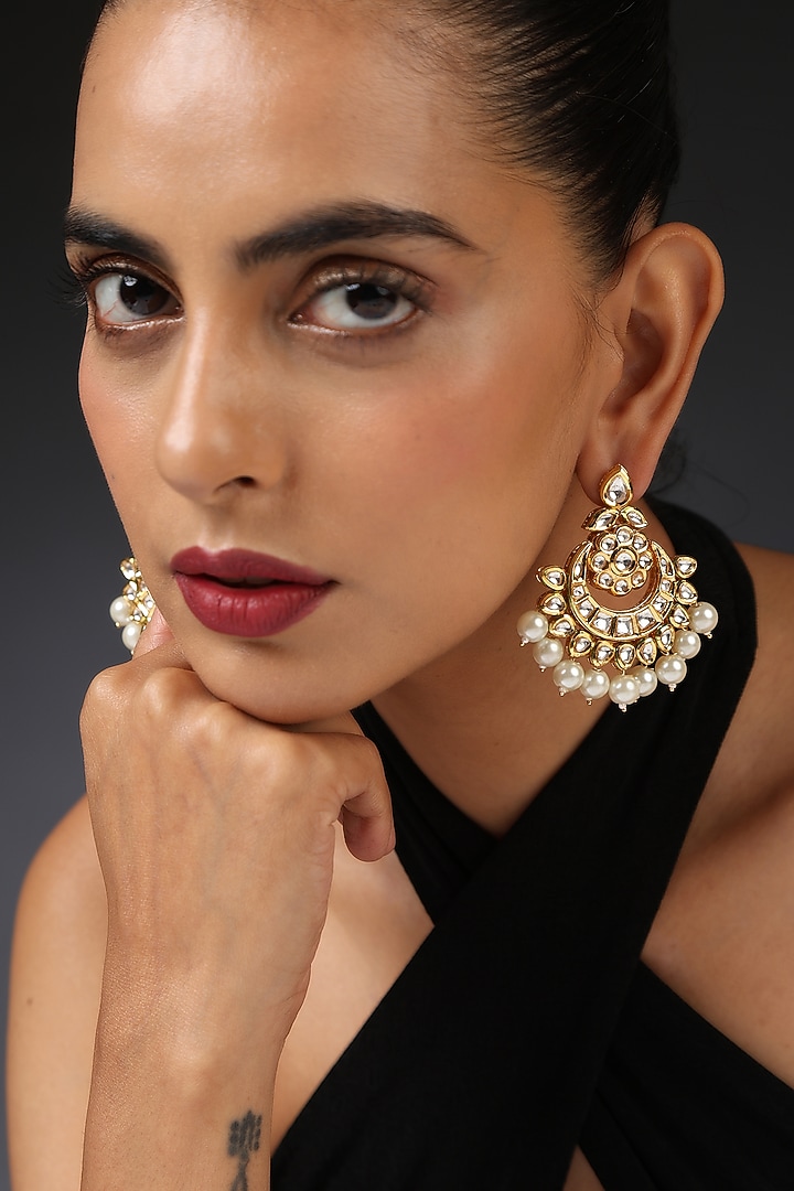 Gold Finish Kundan Polki & Pearl Handcrafted Chandbali Earrings by Swabhimann Jewellery at Pernia's Pop Up Shop