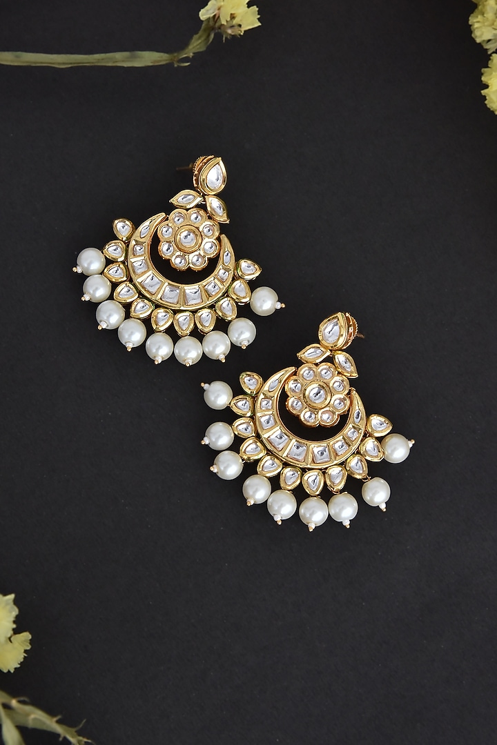 Gold Finish Kundan Polki & Pearl Handcrafted Chandbali Earrings by Swabhimann Jewellery at Pernia's Pop Up Shop