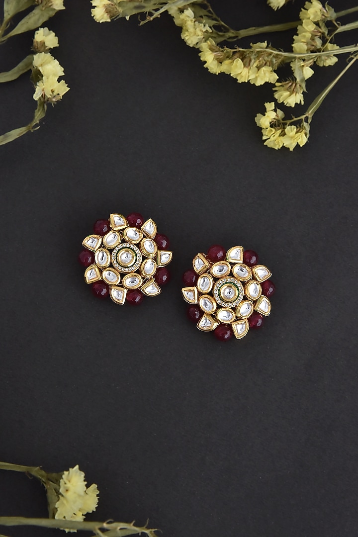 Gold Finish Red Kundan Polki Handcrafted Stud Earrings by Swabhimann Jewellery at Pernia's Pop Up Shop